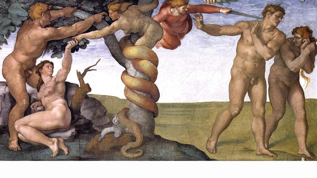 A Sistine Chapel fresco depicts the expulsion of Adam and Eve for transgressing God's command not to eat the fruit of the Tree of the knowledge of good and evil.