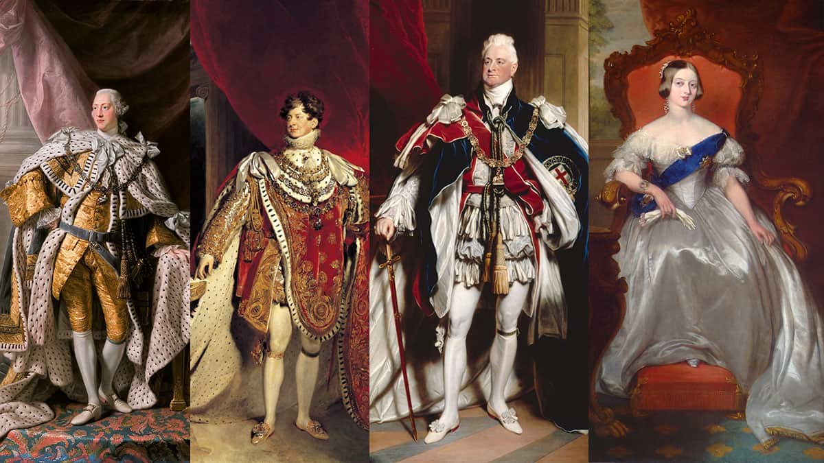 A composite of portraits of King George III, George IV, William IV and Queen Victoria.
